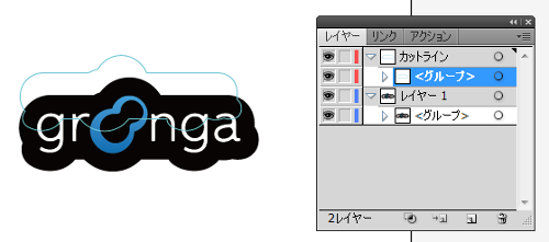 図：カットライン用のオブジェクトはカットライン用のレイヤに、図柄のオブジェクトは図柄のレイヤに置いた様子
